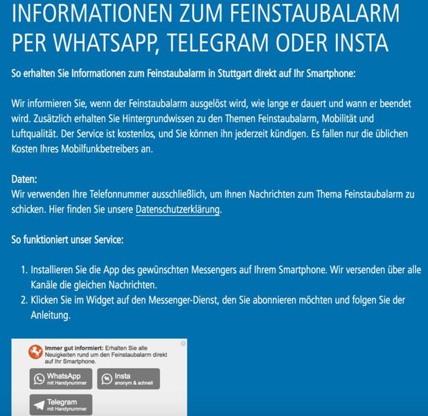 Die Baden-Württembergische Landeshauptstadt Stuttgart setzt auf WhatsApp, um ihre Bürger bei Feinstaubalarm zeitnah und direkt zu informieren.  (WhatsBroadcast GmbH)