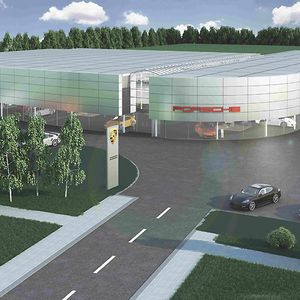 Das neue Porsche-Zentrum Hamburg Nord-West auf einem 22.000 Quadratmeter großen Areal in Autobahnnähe soll Ende dieses Jahres eröffnen.(Foto:  Porsche)