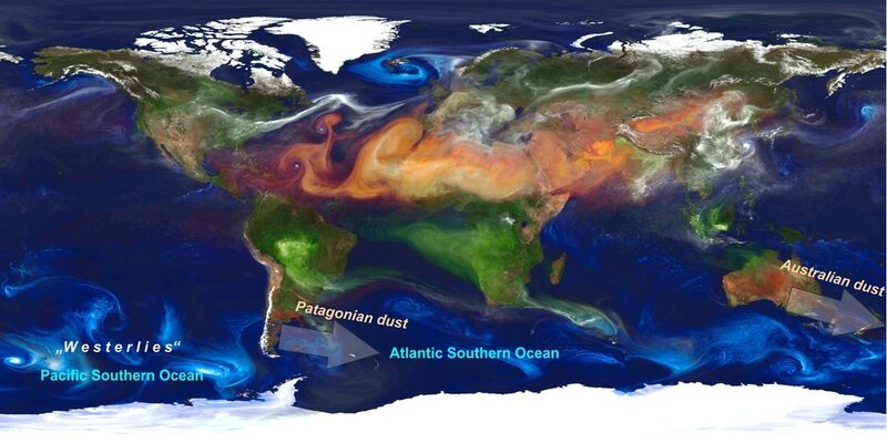 Der Staubeintrag in den Südozeans stammt aus Patagonien und Australien. Beide Quellen waren während vergangener Eiszeiten erheblich verstärkt. (rot = Staub; blau = Meersalz; grün = organisches Material und Ruß; weiß = Sulfatpartikel). (Graphik: Verändert nach NASA)