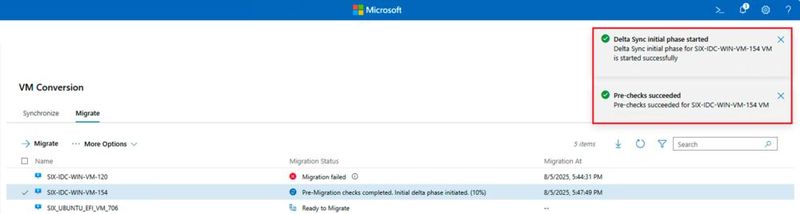 Fortschrittsanzeige der Migration im Windows Admin Center mit Statusmeldungen zu Vorprüfungen und Delta-Synchronisierung während der Übertragung der VM auf den Hyper-V-Host. (Bild: Microsoft - Joos)