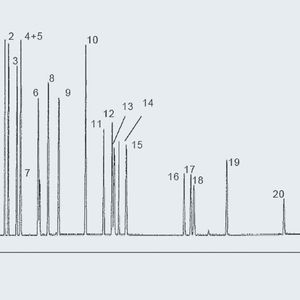 Abb.2: GC/FID von freien Phenolen.
Peakidentifizierung: 1 Phenol, 2 2-Chlorphenol, 3 o-Kresol, 4 m-Kresol, 5 p-Kresol, 6 2,4-Dimethylphenol, 7 2-Nitrophenol, 8 2,4-Dichlorphenol, 9 2,6-Dichlorphenol, 10 4-Chlor-3 Methylphenol, 11 2,3,5-Trichlorphenol, 12 2,4,6-Trichlorphenol, 13 2,4,5 Trichlorphenol, 14 2,3,4-Trichlorphenol,
15 2,3,6-Trichlorphenol, 16 2,4 Dinitrophenol , 17 4-Nitrophenol, 18 2,3,5,6-Tetrachlorphenol, 19 2-Methyl 4,6-dinitrophenol, 20 Pentachlorphenol, 21 2-sec-Butyl-4,6-dinitrophenol (Chromatographie: GC-Säule: VF-Xms Fused Silica 30 m x 0,25 mm, df=0.10 µm (CP8805); Temperatur: 100°C, 10 °C/min 230 °C; Trägergas: H2, 100 kPa; Injektor: Split,T=275 °C; Detektor: FID; Probenvolumen: 0,1 µL; Konzentration:
ca. 3 ng /Verbindung (Lösemittel: n Hexan)).