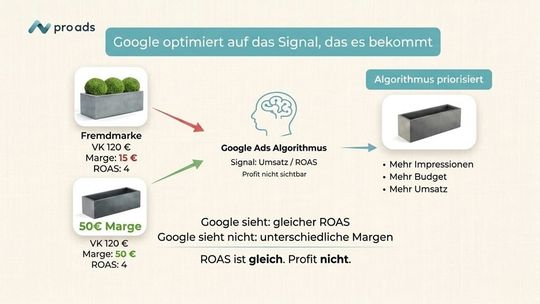 Google optimiert auf das Signal, das es bekommt: Anstatt ROAS bekommt eine andere Kennzahl Bedeutung – POAS.(Bild:  Pro Ads Marketing)
