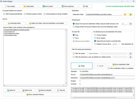 Zusammenfassen von Verzeichnissen und deren Inhalt mit der Freeware Folder Merger.(Bild:  Joos – 2xDSoft)