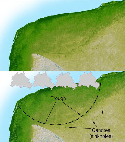 Der Chicxulub-Krater in Mexiko gilt mit 180 km als der größte der Erde. Ganz Berlin würde vier Mal nebeneinander auf diese Länge passen (s. Stadtumrisse im unteren Bildteil). Trotzdem wurde er erst in den frühen 1990er Jahren entdeckt. Ein großer Teil der Einschlagsstelle liegt unter Wasser verborgen. (NASA/JPL)