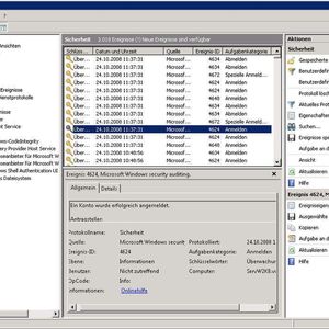 Konsole der Ereignisanzeige unter Windows Server 2008.