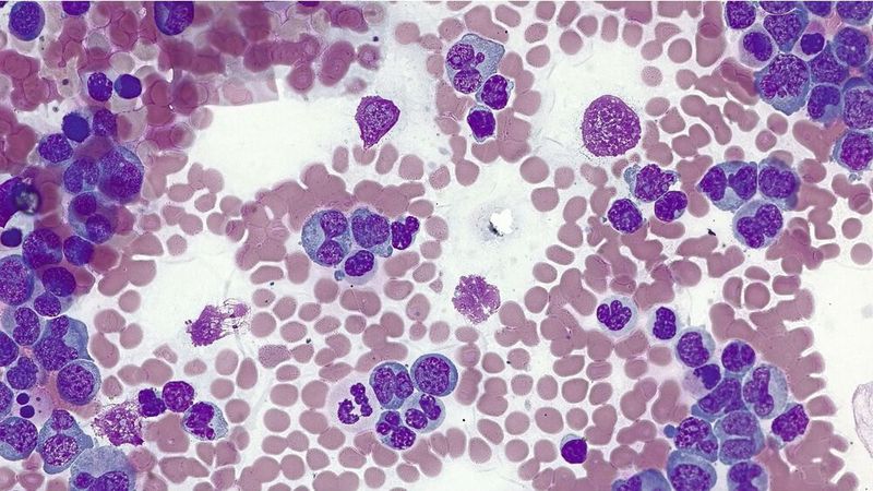 Abb.2: Repräsentatives Bild von Leukämie in menschlichem Blut, Giemsa-Färbung, aufgenommen mit dem Lichtmikroskop ZEISS Axiolab 5. (Bild: Carl Zeiss Mikroskopie)