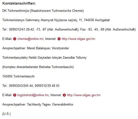 Kontaktanschriften für die turkmenische Chemieindustrie (Quelle: GTAI)