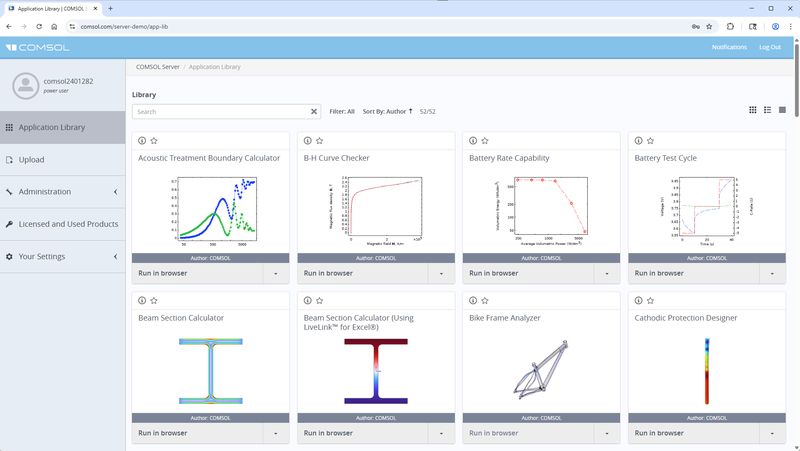 COMSOL Server™ Umgebung mit mehreren Apps, die über beliebige Webbrowser weltweit gestartet und eingesetzt werden können. (Bild: COMSOL Multiphysics GmbH)
