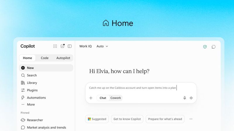 Der neue Home-Screen von Copilot vereint Chat und Cowork. Mit Cowork können Aufgaben automatisiert werden. (Bild: Microsoft)