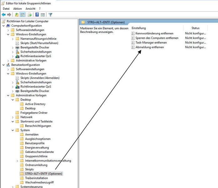 Mit „Benutzerkonfiguration\Administrative Vorlagen\System\STRG+ALT-ENTF (Optionen)“ können Administratoren festlegen, welche Optionen den Anwendern zur Verfügung stehen, wenn sie diese Tastenkombination nutzen. (Thomas Joos)