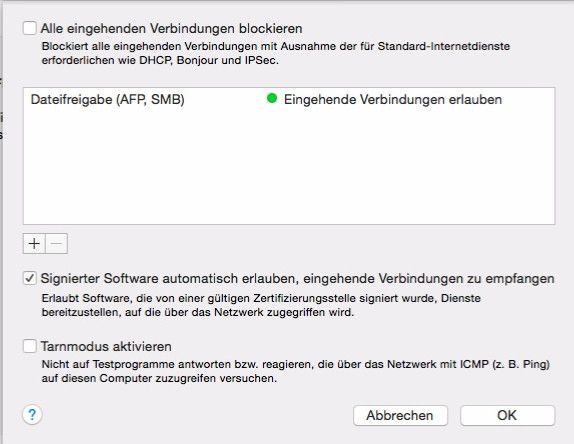 Mit der Schaltfläche „Firewall-Optionen“ können Anwender Regeln für die Firewall festlegen und sicherstellen, dass keine unberechtigten Verbindungen erlaubt sind. Wichtig ist die Option „Tarnmodus aktivieren“. Dadurch ist der Mac-Rechner in öffentlichen Netzwerken nicht mehr auffindbar. (Bild: Thomas Joos)