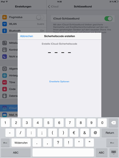 Seit iOS 7 können Anwender auch die Schlüsselbunddatei in iCloud sichern. Diese enthält  wichtige Zugangsdaten. Apple teilt mit, dass die Datei vom Benutzer am iPad verschlüsselt wird. Apple selbst hat auf die Daten keinen Zugriff. (Bild: Joos)
