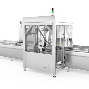 Tiefziehverpackungsmaschine im GMP-Design für das Verpacken von hochwertigeren, sensiblen und mit einem Wirkstoff gefüllten Spritzen.