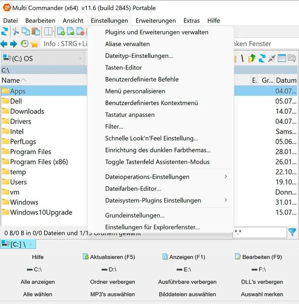 Verschiedene Menüs in Multi Commander. (Joos)