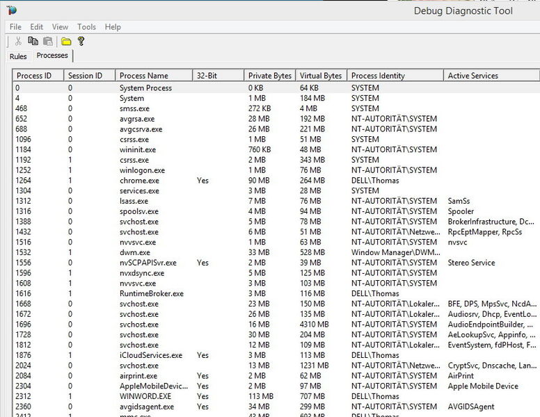 Abbildung 2: Im Debug Diagnostic Tool lassen sich die Prozesse auf einem Computer überwachen und auf Probleme untersuchen. (Bild: Joos)