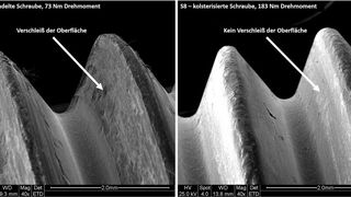 Die Flanke der unbehandelten S1-Schraube (links) zeigt adhäsiven Verschleiß und ein mögliches Kaltverschweißen nach einem Anzugsmoment von 73 Nm. Mit einem solchen Grad des Verschleißes wird sie die gewünschte Klemmkraft bei einem vorgegebenen Drehmoment nicht erreichen. Die kolsterisierte Gewindeflanke daneben zeigt nach mehrmaliger Installation mit 2,5-fach höherem Drehmoment (183 Nm) aber noch eine glatte und unveränderte Oberfläche.  (Bild: Bodycote)