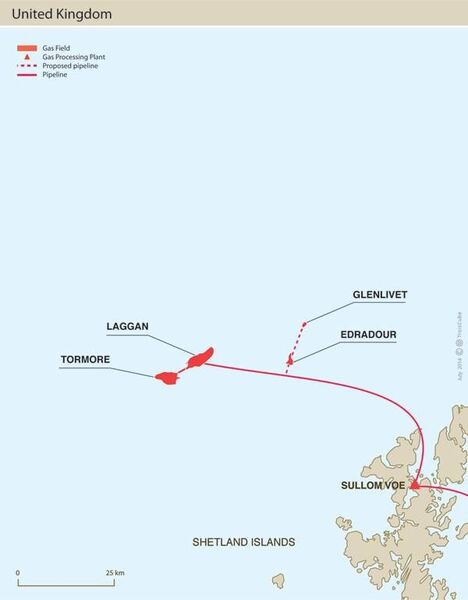 The Glenlivet discovery is located in 435 m of water, 90 km northwest of the Shetlands in UK waters, parallel to the Edradour field. (Source: Technip)
