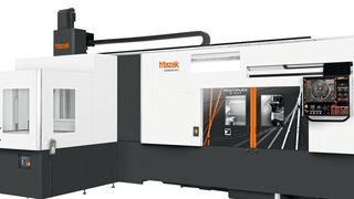 Yamazaki Mazaks neueste CNC-Drehlösung mit Automatisierungssystem, die Multiplex W-300Y mit GL-200, besteht aus einer Maschine mit zwei Spindeln und zwei Revolvern, die durch ein schnelles Portalladesystem komplettiert wird.  (Mazak)