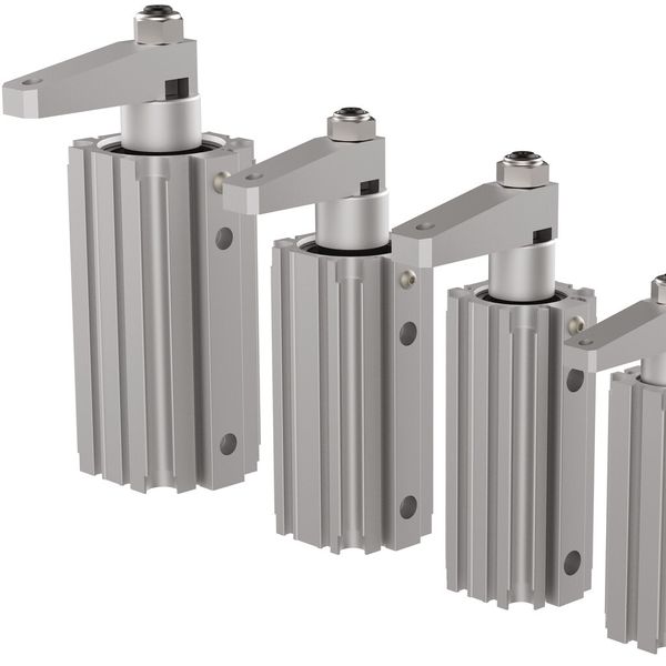 Die Schwenkspanner der Serie 9500 lassen sich bei ausgefahrenem Kolben um 90° drehen und geradlinig zum Spannen herunterfahren. (Bild: Destaco)