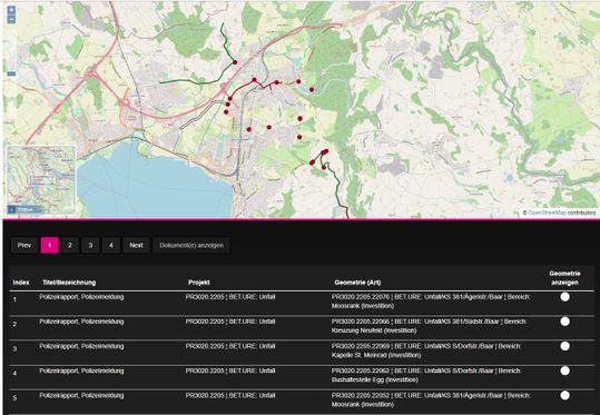 (Dokumentsuche per Kartenansicht. Bild: Tiefbauamt Zug)