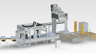 „The Wave“ kombiniert Förderelement und Lagengreifer, um komplette Produktlagen von einer Förderstrecke aufzunehmen und auf Paletten abzusetzen. (Bild: Langhammer)