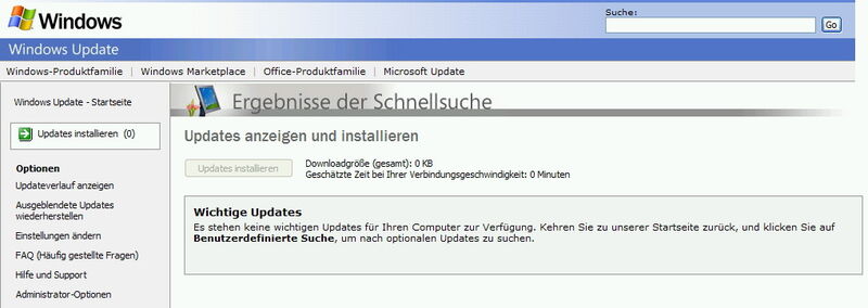 Abbildung 3: Die Suche nach Updates ergibt in Windows XP keine Ergebnisse mehr, da keine Updates mehr zur Verfügung stehen.  (Bild: Joos)