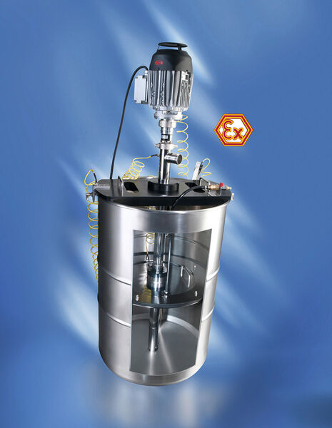 Viscoflux lite, the drum emptying system for high-viscosity media, which are just capable of flowing – now available as an Ex version. (Picture: Flux)
