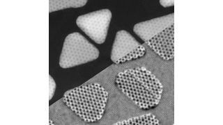 These images of “islands” of gold atoms deposited on a layer of two-dimensional molybdenum sulfide were produced by two different modes, using a new scanning tunneling electron microscope (Stem) in the new MIT.nano facility. (MIT)