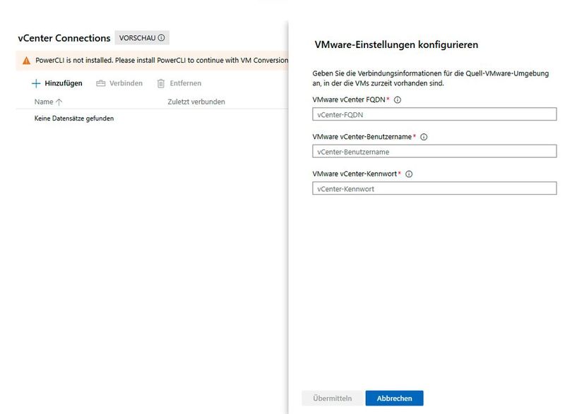 Dialog zur Konfiguration der Verbindung zu VMware vCenter, in dem FQDN, Benutzername und Kennwort des vCenter-Servers eingetragen werden. (Bild: Microsoft - Joos)
