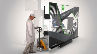 Der Mietroboter ist eine Zelle auf Rädern, die sich für unterschiedlichste CNC-Werkzeugmaschinen und Montageautomaten eignet.   (Industrie-Partner)