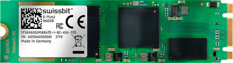 Mit M.2-Schnittstelle: Neue 3D-NAND-basierte Speicherprodukte der X-75-Familie. Die PCIe-VErsion arbeitet mit PCIe Gen3 / NVMe 1.2 mit zwei Lanes. Optional unterstützen die Laufwerke AES256-Verschlüsselung und TCG-OPAL-2.0-Zugriffsschutz. (Swissbit)