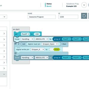 Visuelles Programmieren: Über das intuitive Web-HMI lassen sich die einzelnen Prozessschritte grafisch mithilfe einer Bausteinbibliothek auswählen und sequenzieren.(Bild:  Bosch Rexroth)