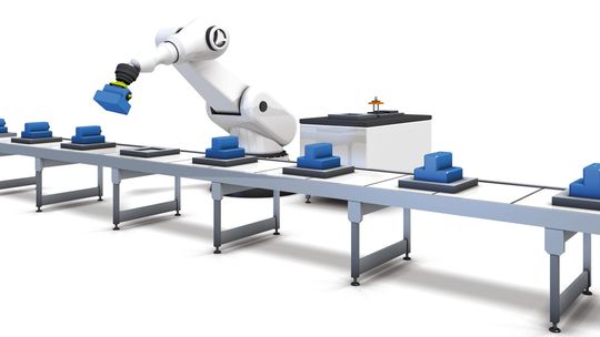 Hybridsteckverbinder: Die beiden Koppler des berührungslosen Übertragungssystems müssen nicht in einem Maschinenteil stecken. Dadurch ermöglichen sie neue Bewegungsabläufe, wie flexibler automatischer Werkzeugwechsel – zum Beispiel in der Robotik.(Bild:  TE)