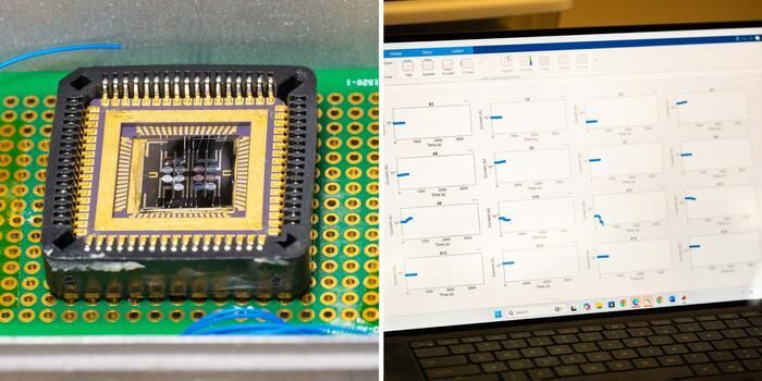 The electronic nose contains 16 different gas-sensitive materials (small circles in the center) that each react to the gas molecules presented to it (left). The device records the reactions of each material and, using a machine learning model, learns which set of reactions are associated with a specific food or scent (right). (Source: Brandon Sánchez-Mejia)