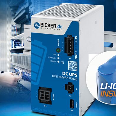 DC-Notstromversorgungslösung „Made in Germany“ Bicker UPSI-2406R2DP1MB (24 VDC / 4 A / 96 W) mit integriertem Li-Ion-Batteriepack und USB-C- / RS485-Modbus-Schnittstellen. (Bild: Bicker Elektronik GmbH)