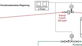 Schema der kondensatseitigen Regelung bei einem stehenden Wärmeübertrager ohne Kondensatbehälter. (Bild: W. Baelz & Sohn GmbH & Co)