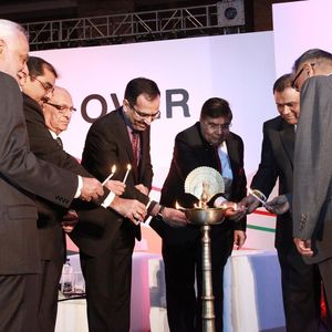 Lamp lighting Ceremony by From Left to right, Mr. Subhash Kadakia, President, PlastIndia Foundation; Mr.  Rajeev Chitalia - Vice President, Mr.  J. R. Shah - Chairman, National Executive Council, PlastIndia Foundation; Mr. Avinash Joshi, IAS, Joint Secretary - Petrochemicals Division, Department of Chemicals & Petrochemicals, Ministry of Chemical and Fertilizers - Government of India; Mr. L. K. Singh, Co-Chairman - National Executive Council, and Mr. Rajiv Raval, Honorable Treasurer; Mr. Nirmal Thakkar First President of PlastIndia Foundation and Managing Director of TIPCO Industries.