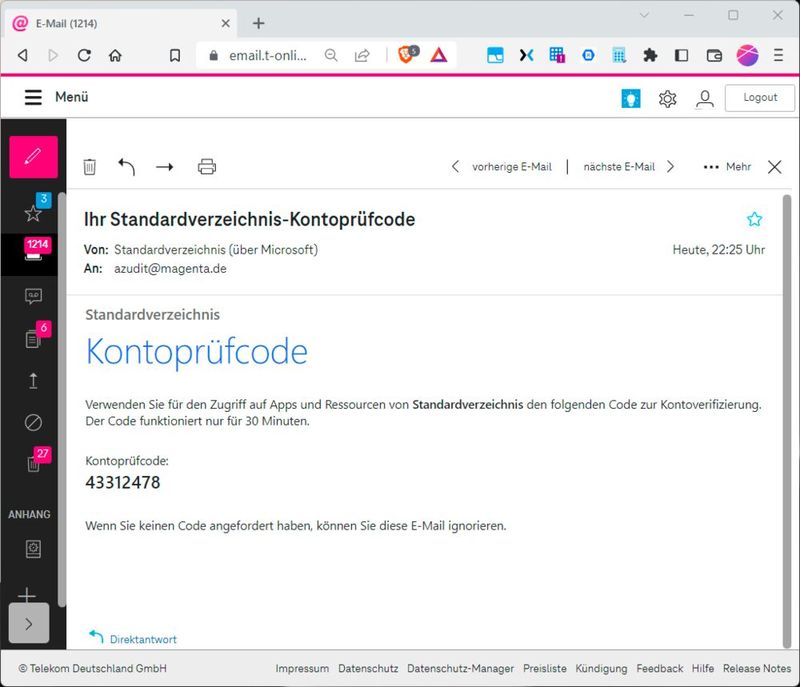 Das Verifizieren des Prüfcodes.