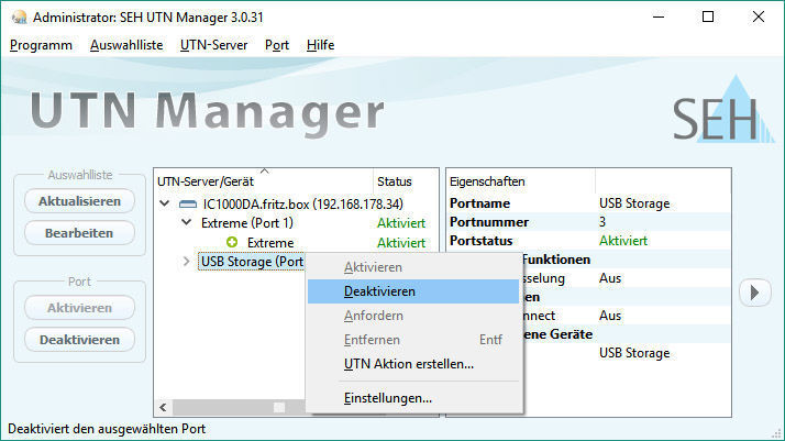 Zentrale Schnittstelle: Anwender verbinden die USB-Peripherie per UTN Manager mit ihrem Rechner. (Screenshot: SEH UTN Manager)