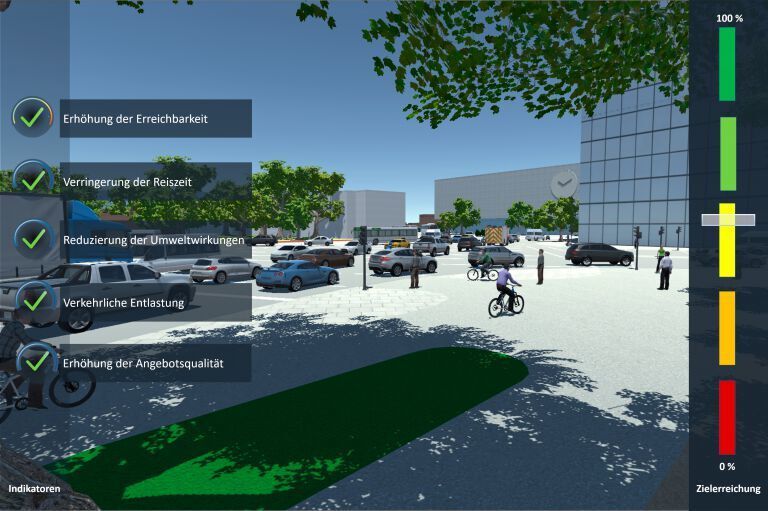 Bei der VirtualCity@FMS von Future Mobility Solutions handelt es sich um eine holistische Software zur Visualisierung und Simulation von Mobilitätskonzepten und verkehrlichen Schwerpunkten.  (Future Mobility Solutions)