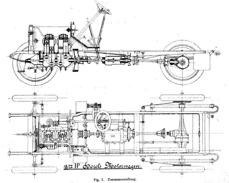 Eine alte Zeichnung von einem parallel gebauten, aber bis zur Spritzwand baugleichen Wagen des Typs 18-22 PS (Bild: August Horch Museum)