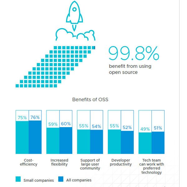 Abbildung 1: „Bezüglich Open Source Software (OSS) gibt es eine enge Korrelation zwischen den Erwartungen und den Vorteilen - vor allem, wenn es um die Kosten geht2, heißt es in dem Report „The State of the Software Supply Chain: Open Source Edition 2022”.  (Bild: VMware)