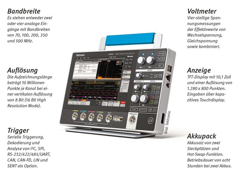 Serie 2 von Tektronix: Mit der Serie 2 bringt Tektronix ein portables Oszilloskop auf den Markt, das an ein Tablet erinnert. Doch im Vergleich zu einem Tablet bietet das Oszilloskop der Serie 2 neben einen Touchscreen physische Schalter und Drehknöpfe. Das Oszilloskop soll vor allem Studenten und junge Entwickler ansprechen. Vor allem mobiles Arbeiten soll das Akku-betriebene Messgerät unterstützen. Laut Tektronix sind weitere Modelle des mobilen Oszilloskops geplant. (heh) (Bild: Tektronix)