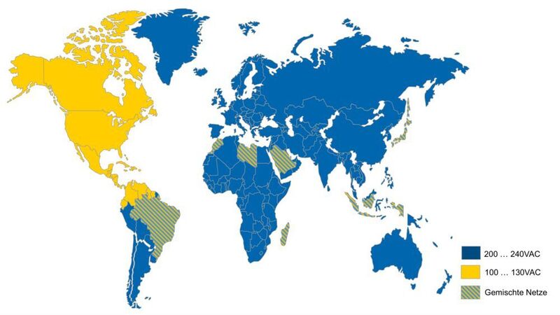 Weltkarte mit der vereinfachten Darstellung von Stromnetzen: Weite Verbreitung hat die 125-Volt-Technik vor allem in Nord- und Südamerika. (Bild: Siemens)