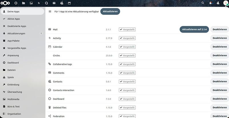 Die Apps in Nextcloud sollten auf den aktuellsten Stand gebracht werden.  (Bild: Joos)
