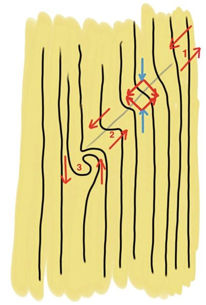 Abb. 4a: Auch die Gleitlinien des Schubversagens in druckbelastetem Holz können durch einen Yin-Yang-schlingenartigen Wirbel gestoppt werden.  (Bild: Mattheck)