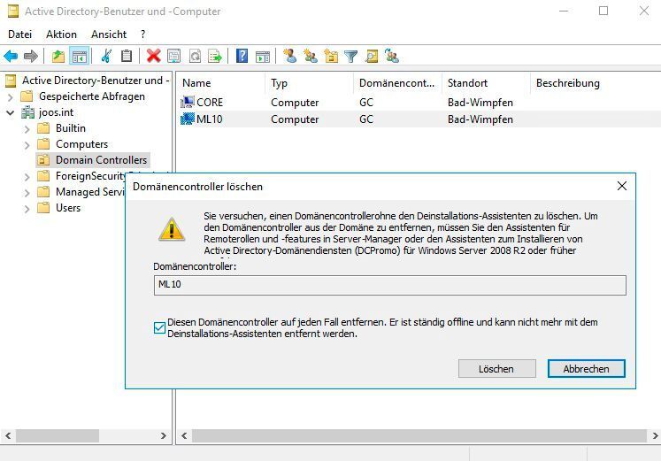 Nicht mehr funktionierende DCs können aus dem AD auch hart gelöscht werden. (Microsoft / Joos)