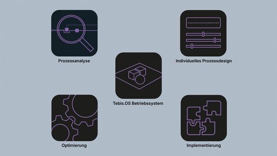 Die fünf Bausteine des Tebis Prozesslieferantenansatzes verbinden Prozesskompetenz, Software und Umsetzung zu einer skalierbaren Fertigungslandschaft – von der Analyse über die Vernetzung bis zur kontinuierlichen Optimierung.(Bild:  Tebis)