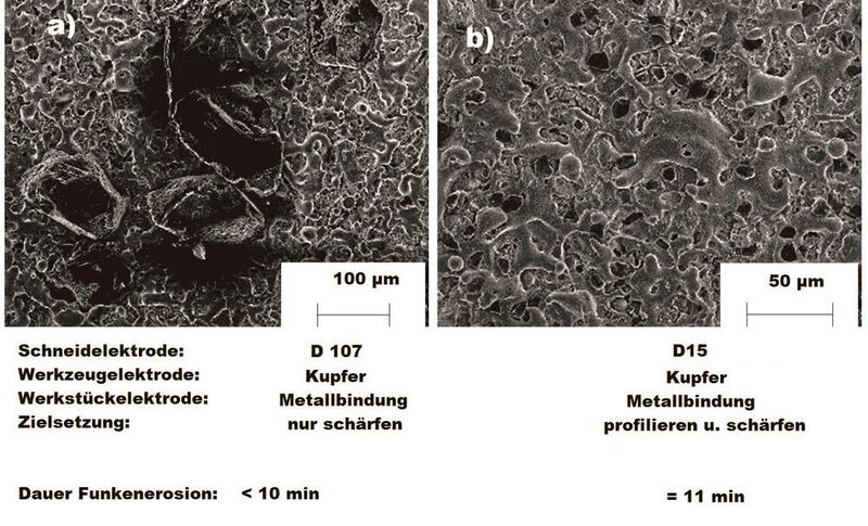 Elektronenmikroskopischer Vergleich der unterschiedlich funkenerosiv bearbeiteten Oberflächen von Honleisten. (TU Berlin)