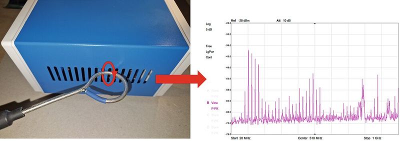 Bild 31:  Hochfrequente Emission über Gehäuseschlitze, gemessen mit einer H-Feld-Sonde. (Bild: Würth Elektronik)